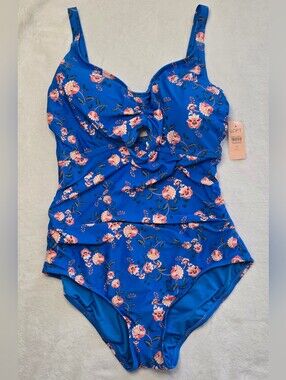 Loft Beach Royal Blue W/Red Floral Key Hole Gathered One Piece Swimsuit 16